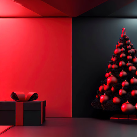 Christmas tree with gift box and ornaments in red or black composition for modern stage display and minimalist mockupの素材