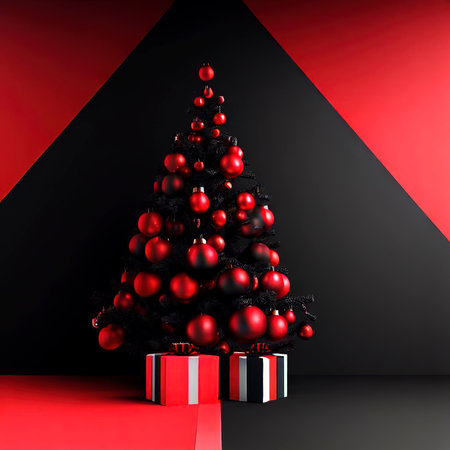 Christmas tree with gift box and ornaments in red or black composition for modern stage display and minimalist mockupの素材