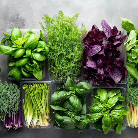 Fresh greens basil,coriander,lettuce,purple basil,mountain coriander,dill,green onion in plastic boxes on grey concrete background,copy space,top viewの素材