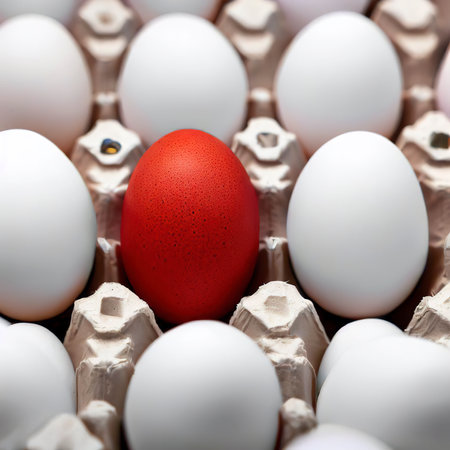 red egg among white eggs being a different in carton boxの素材