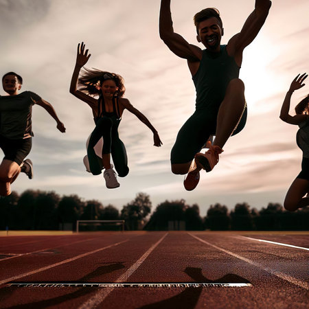 Athletes jumping on sports fieldの素材