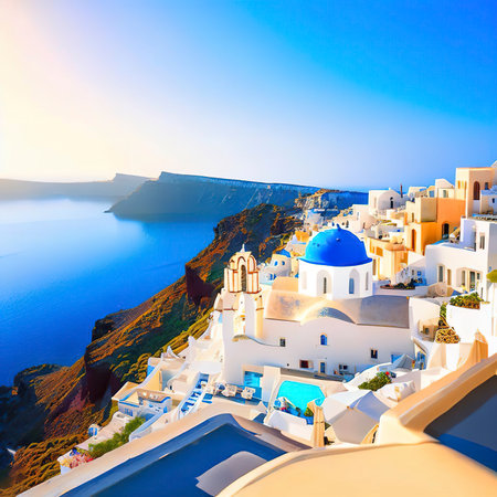 Europe travel vacation at Oia, Santorini, Greece islandの素材