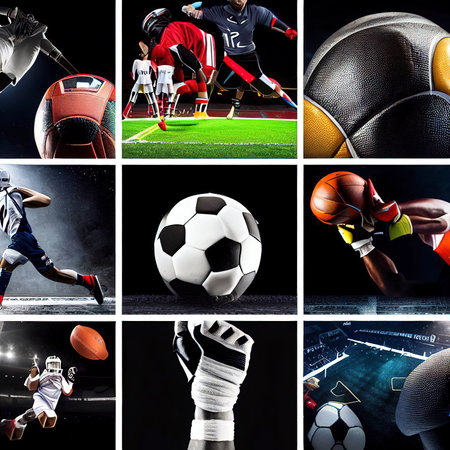 Multi sport collage football boxing soccer voleyball ice hockey on black backgroundの素材