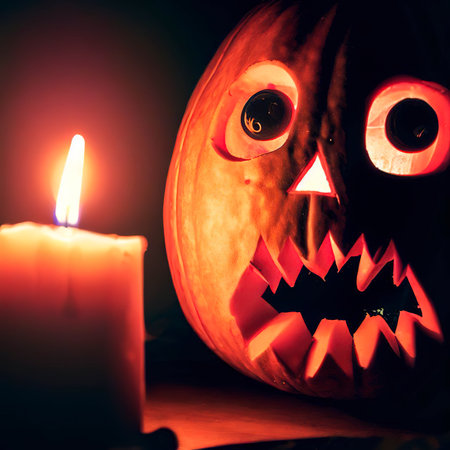 Scared Jack O Lantern and candle light in pumpkin for happy halloweenの素材