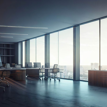 A modern office with a view of the cityの素材