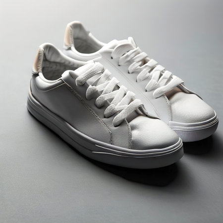 White tennis shoes on gray backgroundの素材