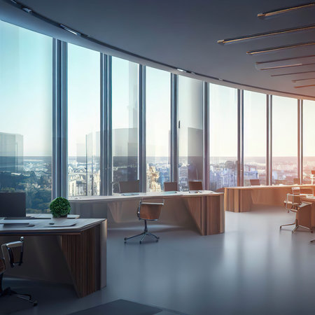 A modern office with a view of the cityの素材