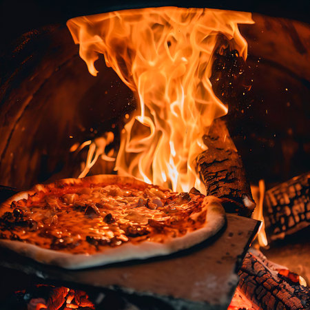 A wood - fired pizza is being cooked in a wood - fired ovenの素材
