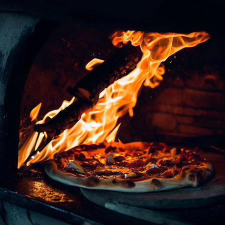 A wood - fired pizza is being cooked in a wood - fired ovenの素材