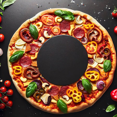 Circular frame made of fresh ingredients around delicious italian pizza over black counterの素材