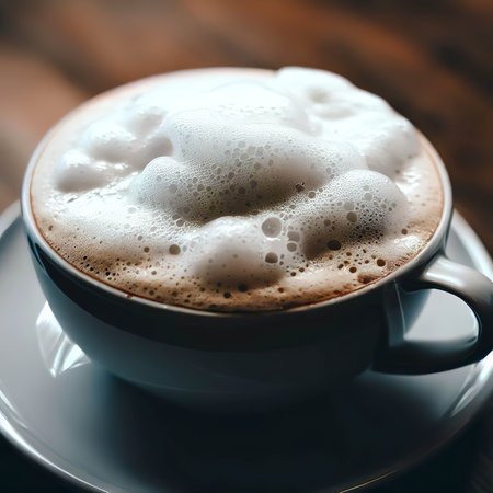Foamy cappuccino on wood tableの素材