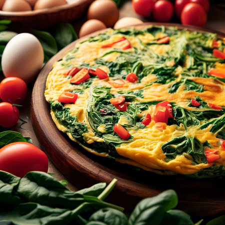 Fresh omelette prepared with vegetables and spinachの素材