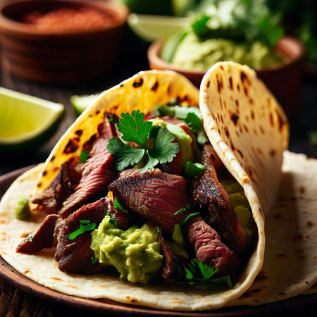 Grilled beef taco with guacamole and cilantroの素材