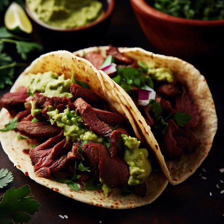 Grilled beef taco with guacamole and cilantroの素材