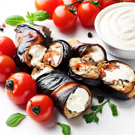 Baked grilled eggplant rolls with cottage cheese, tomatoes and sour cream on white backgroundの素材