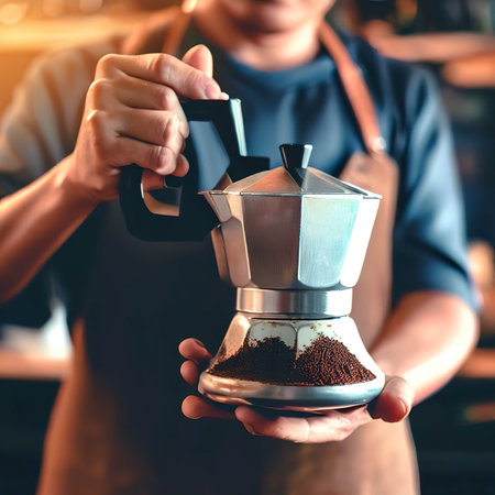 Barista holding moka pot with ground coffee in coffee shopの素材