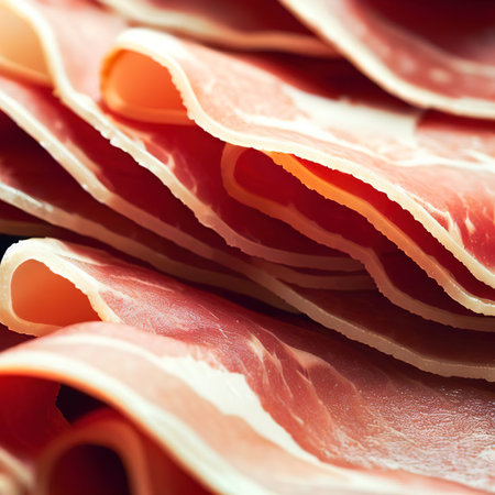 Closeup of thin slices of prosciutto. italian foodの素材