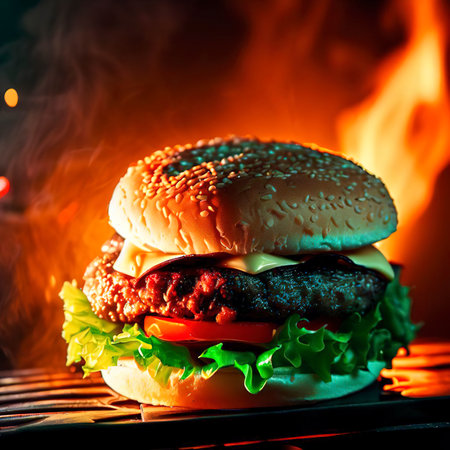 Hamburger on grill with flame on background american grilled fast food burger with bun meat and vegeの素材