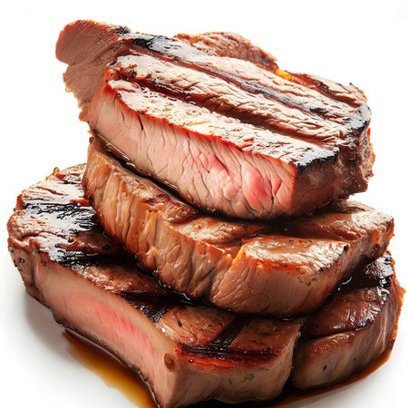 Succulent thick juicy portions of grilled fillet steak on white backgroundの素材