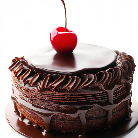 Sweet chocolate cake with cherry on white backgroundの素材