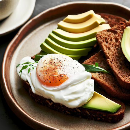 Toast with avocado, soft cream cheese, rye bread and poached eggの素材
