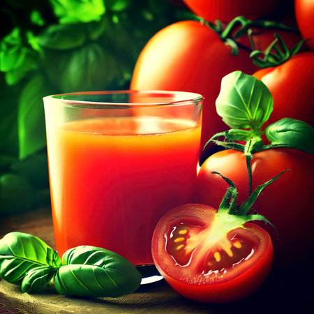 Tomato juice and fresh tomato with basilの素材