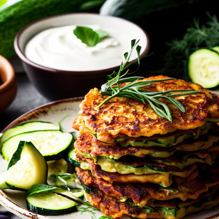 Vegetarian zucchini fritters or courgettes pancakes, served with fresh herbs and sour creamの素材
