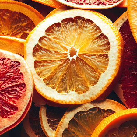 Dry slices of orange and grapefruit. fruit chips backgroundの素材