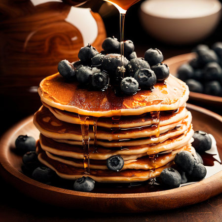 Stacked blueberry pancakes on wooden plate with syrupの素材