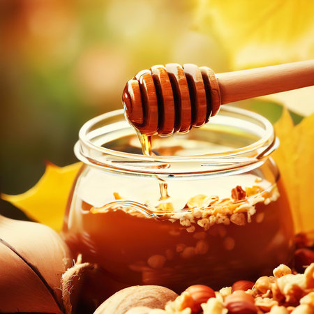 Wooden spoon inside a jar of honey with nuts and a bowl of cereal on autumn leaves blurry backgroundの素材