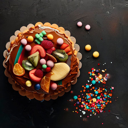 Top view yummy cake with candies and fruits on dark background cookie biscuit sweet free placeの素材