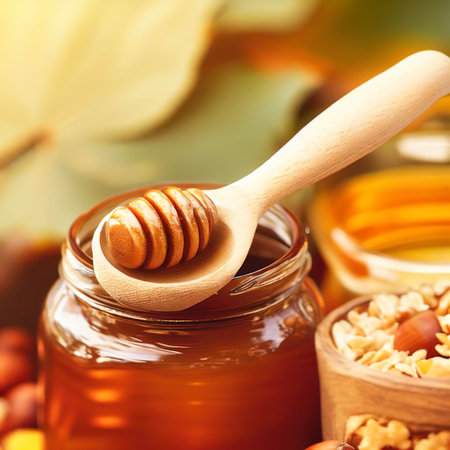 Wooden spoon inside a jar of honey with nuts and a bowl of cereal on autumn leaves blurry backgroundの素材