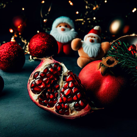 Front view fresh pomegranate with strawberries around christmas toys on dark background color photo xmas holiday fruitの素材