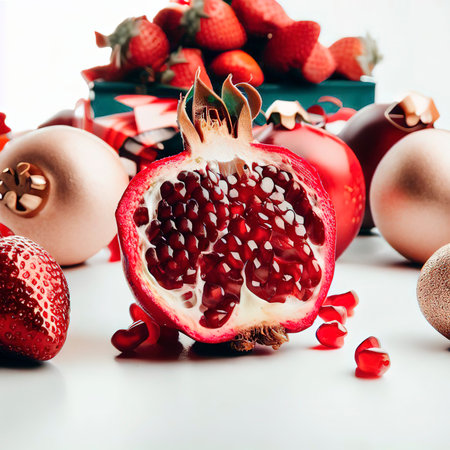 Front view fresh pomegranate with strawberries around christmas toys on white background color photo xmas holiday fruitの素材
