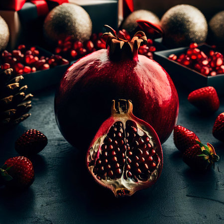Front view fresh pomegranate with strawberries around christmas toys on dark background color photo xmas holiday fruitの素材