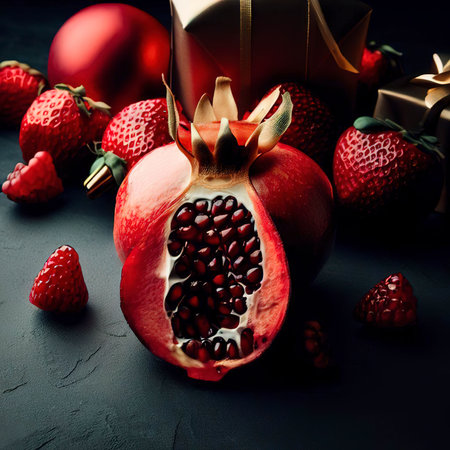 Front view fresh pomegranate with strawberries around christmas toys on dark background color photo xmas holiday fruitの素材