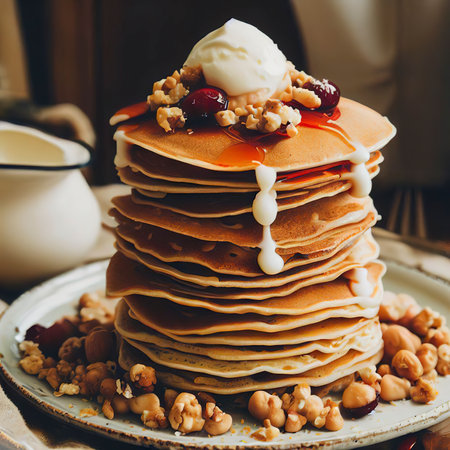 Pancake tower with yogurt nuts and cherry jamの素材