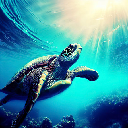 Swimming with sea turtles in tropical reefの素材