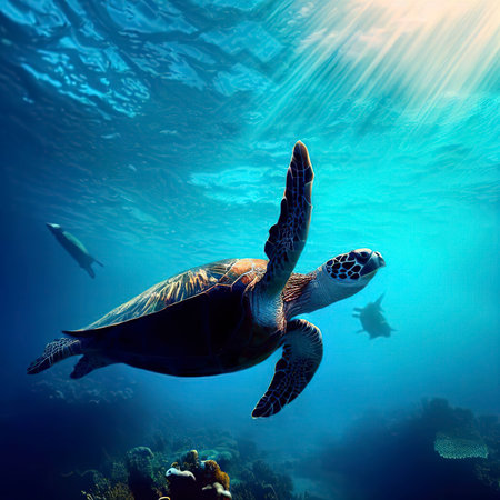 Swimming with sea turtles in tropical reefの素材