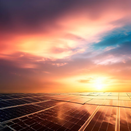 Sunset sky reflects solar panel sustainable power generationの素材