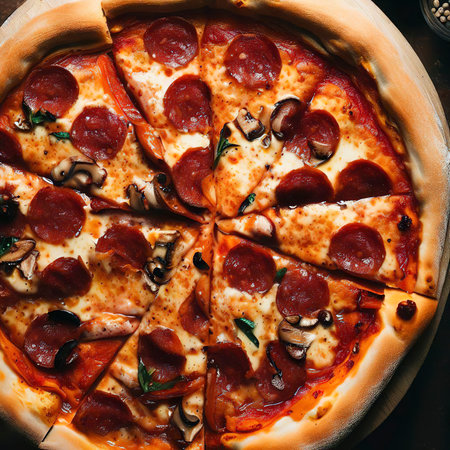 Tasty top view sliced pizza Italian traditional round pizzaの素材