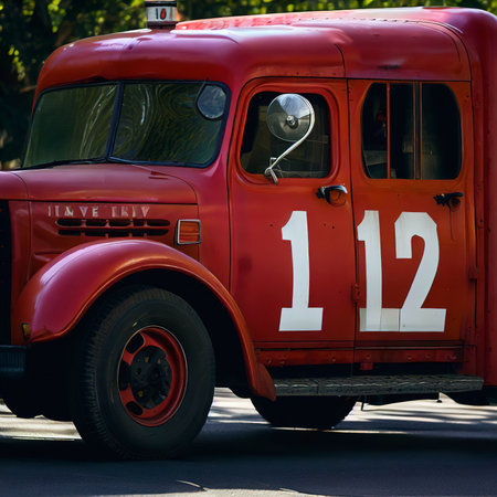 A red truck with the number 12 on the sideの素材