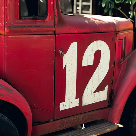 A red truck with the number 12 on the sideの素材