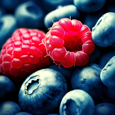 Ripe blueberries and raspberries on a white background.の素材