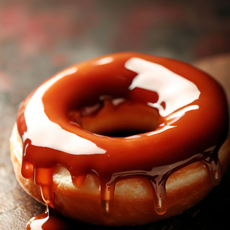 Delicious glazed donut on wooden table, close-upの素材