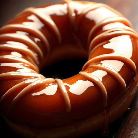 Delicious glazed donut on wooden table, close-upの素材