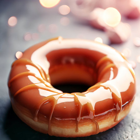 Delicious glazed donut on wooden table, close-upの素材