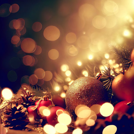 Christmas background with golden and red decorations on bokeh lights backgroundの素材
