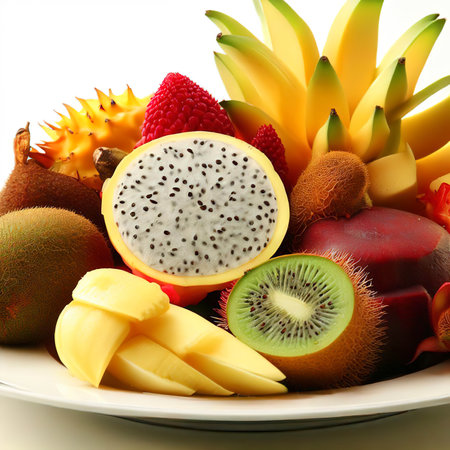 Composition with fresh tropical fruits on white plate, close-upの素材