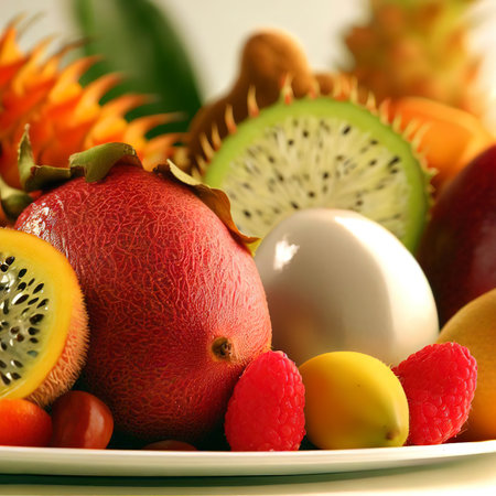 Composition with fresh tropical fruits on white plate, close-upの素材
